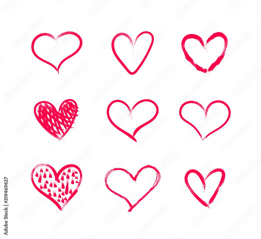 Vector Set of Hand Drawn Bright Colorful Hearts Isolated on White Background.