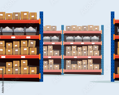 Warehouse logistics center with racks and boxes