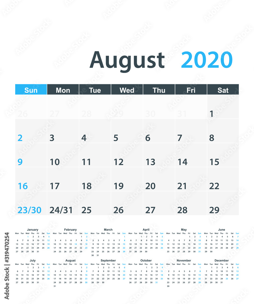 August 2020 wall calendar