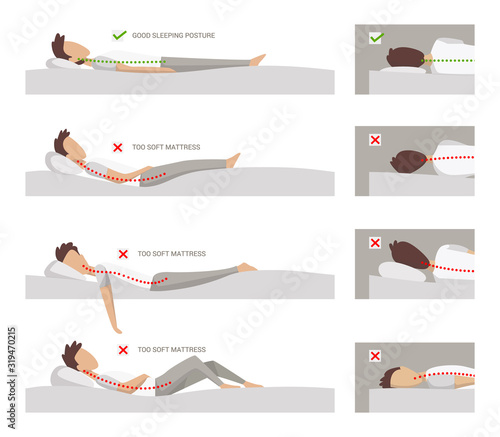 correct and incorrect sleeping position on her side. vector illustration