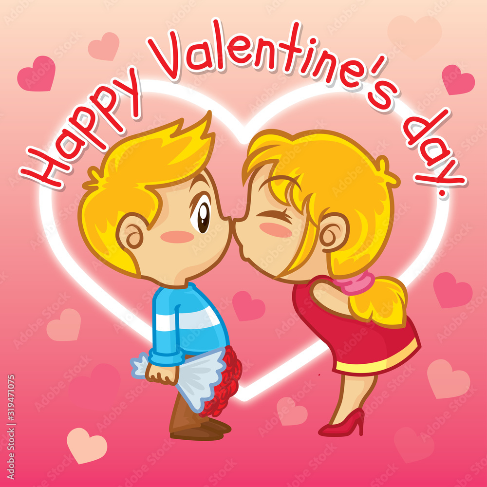 Cute Cartoon Couple Kiss, Happy Valentine's Day Cute Cartoon Couple Kiss, Happy Valentine's Day