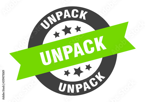 unpack sign. unpack round ribbon sticker. unpack tag