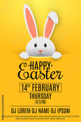 Flyer for Easter party. Cartoon cute bunny looking out of a cut hole. Invitation gift card. DJ and club name. Vector Illustration