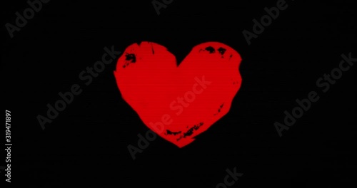 Hearts symbol distorted text on damage retro tv background. Intensive abstract concept of love, health, romance and emotions with noise and glitch effect. Seamless and loopable rendering animation.
