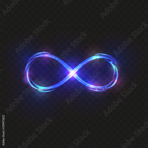 blue magic glowing light infinity sign swirl trail on black background. Blue neon glitter fire spark spiral wavy line
