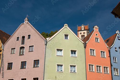 Füssen, Germany - July 20, 2019; Colorful historic houses in Füssen a touristic and historic town on the romantic road