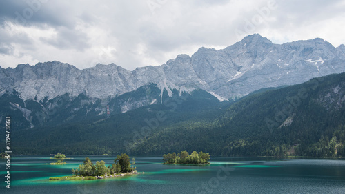 Panorama of the small idyllic islands in the Eibsee lake a lake in the south of Germany