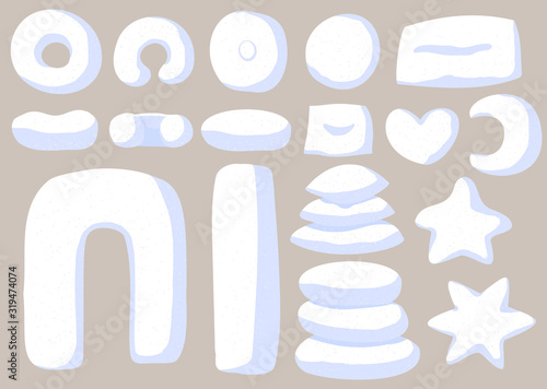 Vector set of pillows in white pillowcases isolated on gray background. Collection of home decor cushions for living room and bedroom. Round, square, star, heart, crescent moon and bolster pillows.