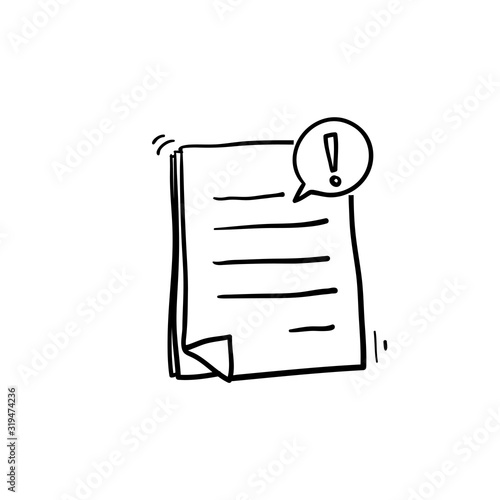 hand drawn Document with alert or error notification bubble vector icon, doodle cartoon paper text file content with exclamation message or comment symbol, caution or warning attention mark