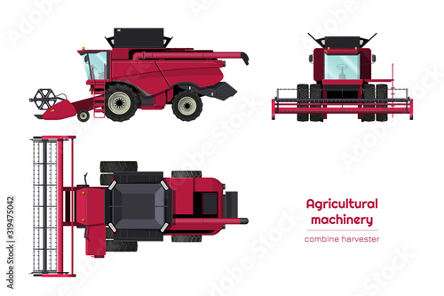 Isolated combine harvester. Side, front and top view of agriculture machinery. Farming vehicle in cartoon style. Industry 3d blueprint