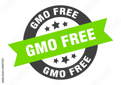 gmo free sign. gmo free round ribbon sticker. gmo free tag