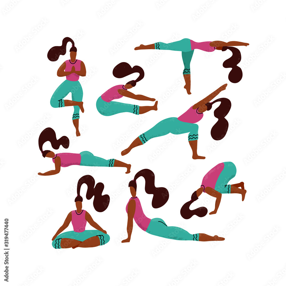Set of 8 woman doing diversity yoga exercises. yoga girls collection