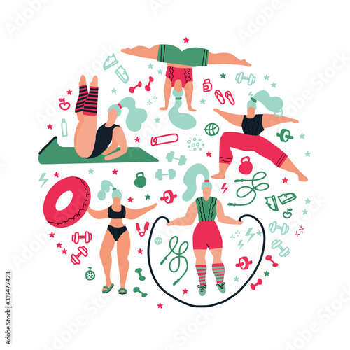 Round shape composition Women doing sports.Poses of yoga, exercises for health, fitness, swimming. Cute girls flat illustration. Workout in the gym on white background. Fitness for every woman.