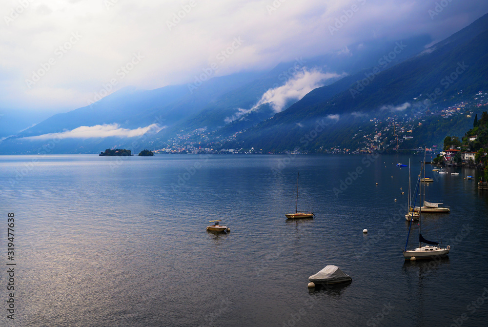 Lake Magiore with boats, Ascona and Brissago, Switzerland.
