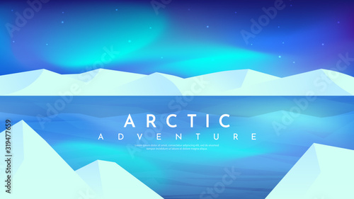 Vector abstract background. Northern Lights. Landscape in minimalistic concept. Sky with color gradient fill. Design element for games, web pages, banners. Beautiful blue sky. Mountains near water