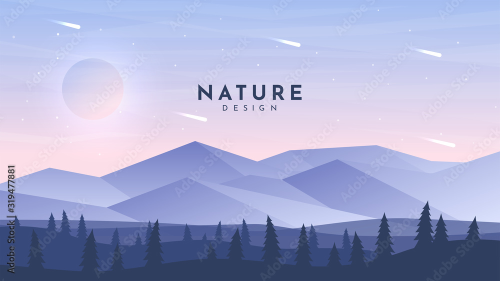 Fototapeta premium Modern geometry background. Flat wallpaper. Polygonal design. Himalayan mountains. Realistic woods. Website or game template. Cartoon backdrop. Pink triangle sky. Falling asteroids. Summer season