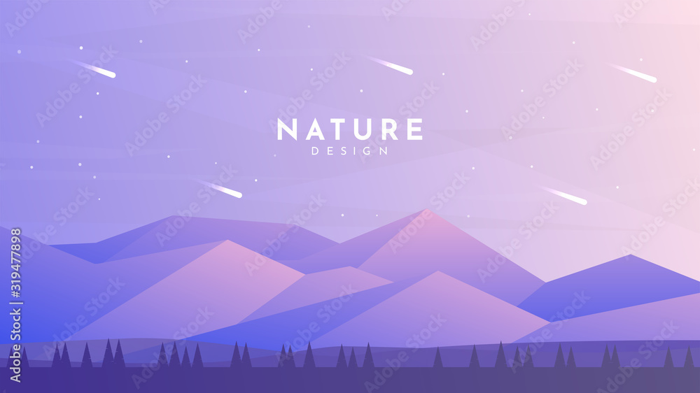 Minimalist vector background. Natural design. Trees silhouette near polygonal mountains. Violet color of sunset. Clear sky with asteroids. Website or game template. Panoramic wallpapers. Backdrop