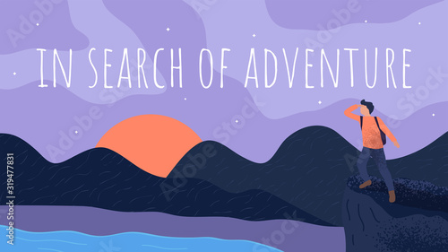 Vector illustration. A man with a backpack stands on top of a rock and looks at the mountains. Flat design. Concept of discovery, exploration, hiking, adventure tourism and travel. Landscape view.