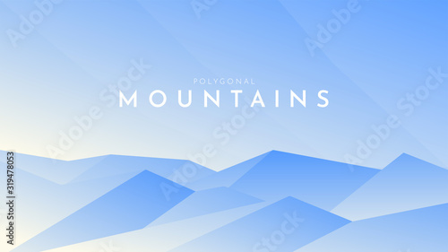 Modern outdoor vector illustration. Minimalist flat landscape. Polygonal design. Blue mountains with shadow. Text with double exposure effect. Sunshine behind hills. Clear sky. Landing page template