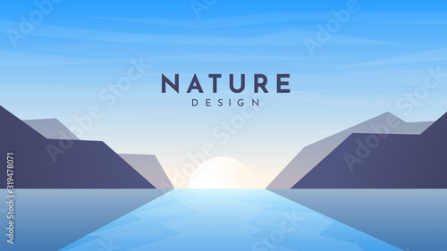 Vector minimalist illustration. The sun between the mountains. Flat landscape. Polygonal hills near water. Sunrise or sunset. Design element for games, web pages, banners. Beautiful blue sky