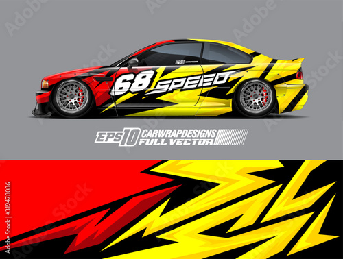 Car wrap decal graphic design. Abstract stripe racing background designs for wrap cargo van, race car, pickup truck, adventure vehicle. Full vector Eps 10