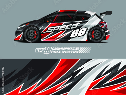 Car wrap decal graphic design. Abstract stripe racing background designs for wrap cargo van, race car, pickup truck, adventure vehicle. Full vector Eps 10