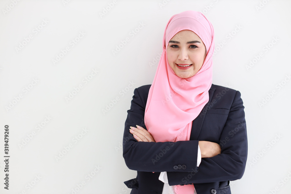 Beautiful muslim young asian woman wearing blue suit smiling confident ...
