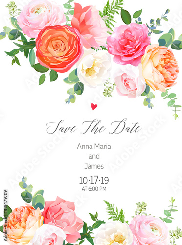 Pink rose, orange ranunculus, juliet garden rose, coral carnation flowers, eucalyptus