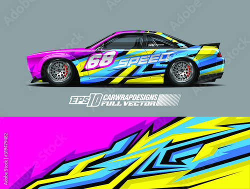 Car wrap decal graphic design. Abstract stripe racing background designs for wrap cargo van  race car  pickup truck  adventure vehicle. Full vector Eps 10