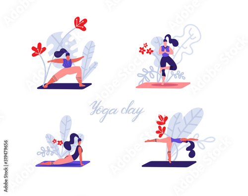 Set of Sporty women practicing yoga and standing in asana exercise poses. Girl doing different yoga pose in font of big leaves and flowers. modern flat illustration in scandinavian style
