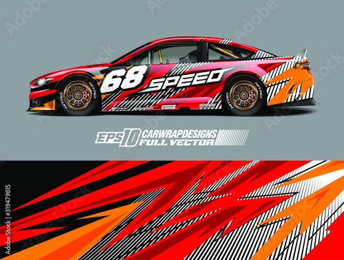 Car wrap decal graphic design. Abstract stripe racing background designs for wrap cargo van, race car, pickup truck, adventure vehicle. Full vector Eps 10
