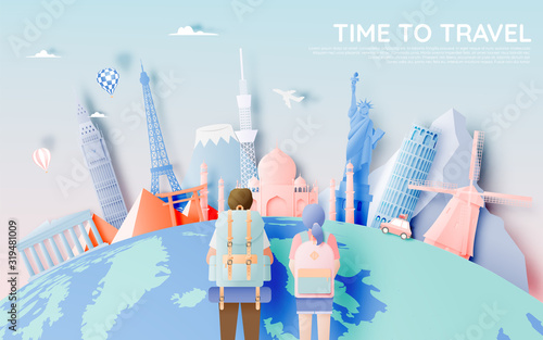 Backpacker with various travel attractions