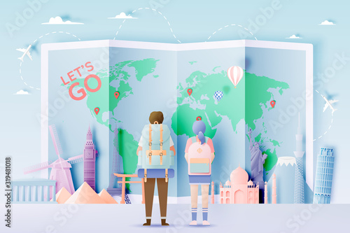 Backpacker with various travel attractions