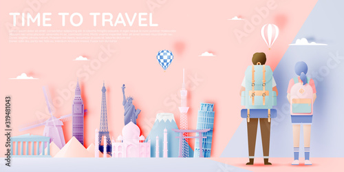 Backpacker with various travel attractions