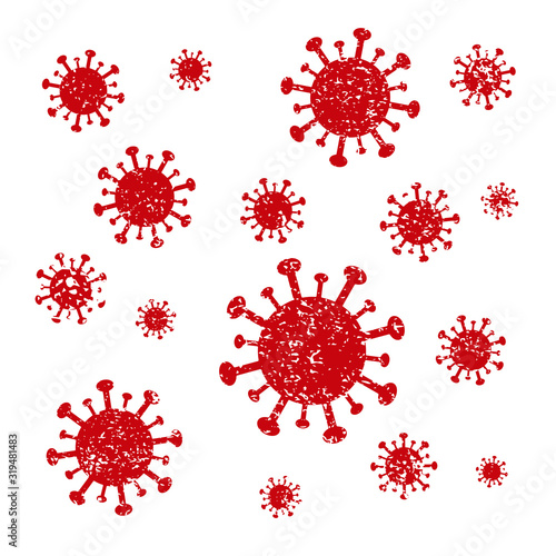 Virus grunge style set. Influenza epidemic wallpaper icon. Computer malware logo. Red symbols isolated white background. Vector illustration image.