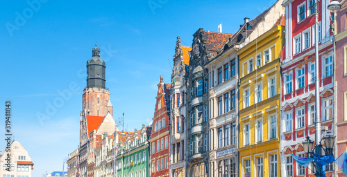 Colorful facade houses at Market Square in Wroclaw, Poland