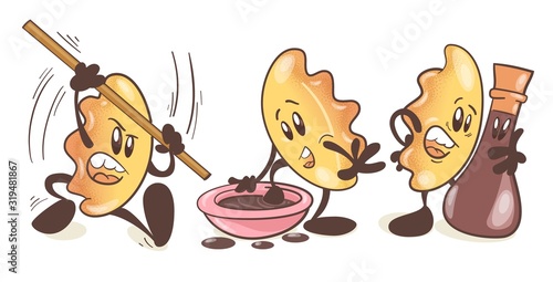 Gyoza - asian fried dumplings. A set of fun cartoon characters. Illustration isolated on white background