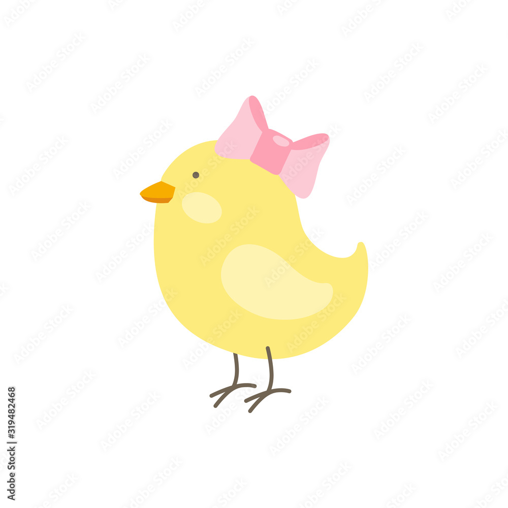 Vector illustration of cute Easter baby chiken with pink bow isolated on white background. Cute cartoon character for spring or children design Vector illustration of cute Easter baby chiken with pink bow isolated on white background. Cute cartoon character for spring or children design