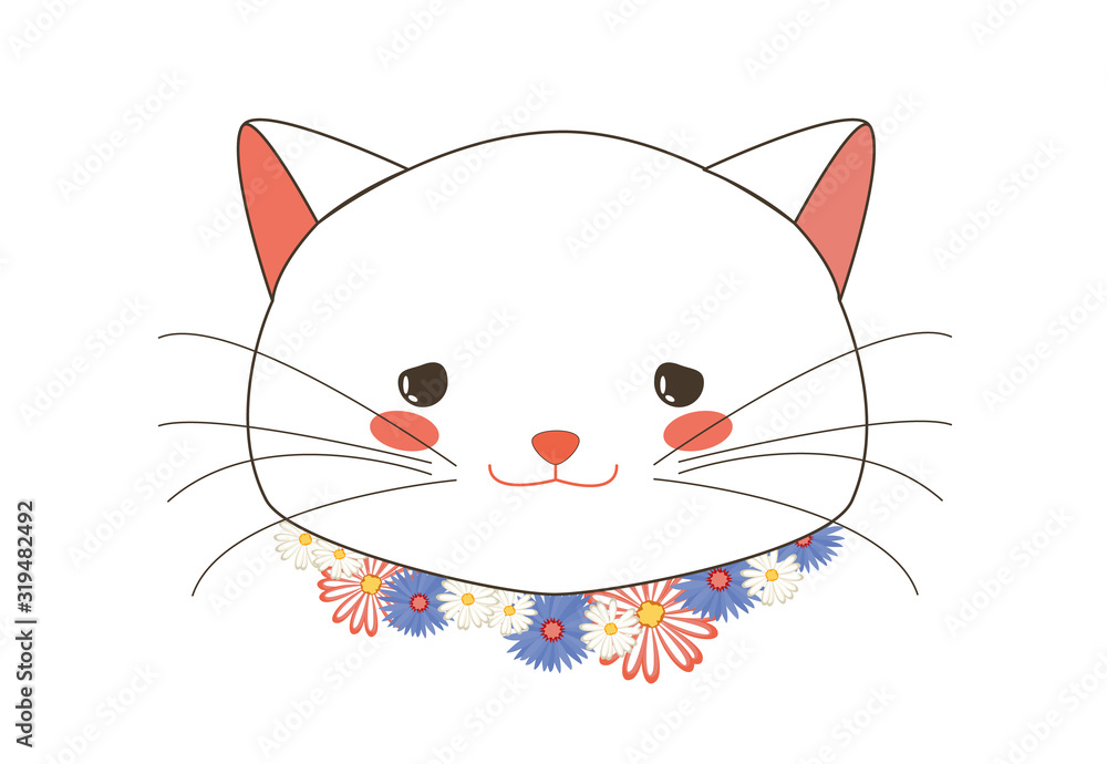 Cute White Kitten Begging Face with Flower Collar