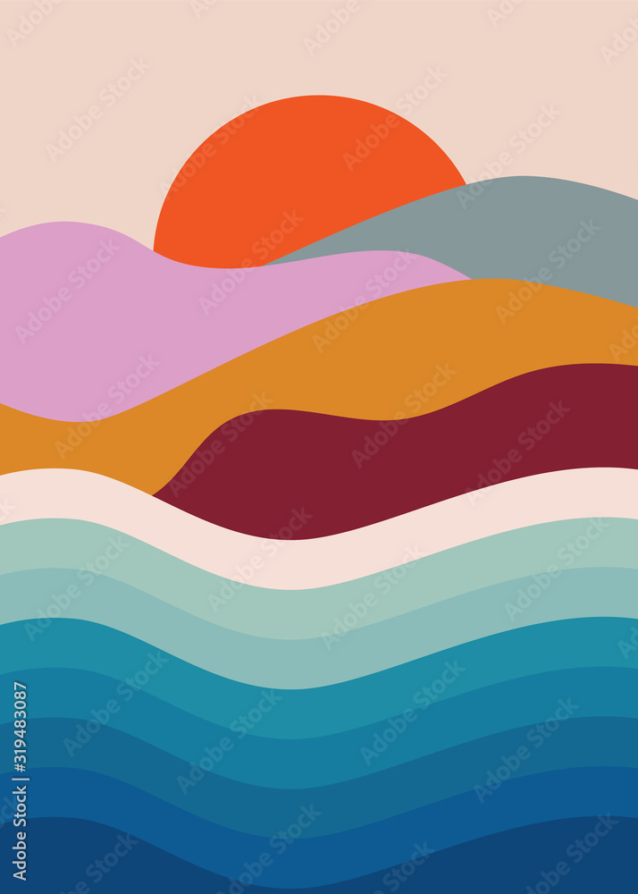 Fototapeta Colorful background with landscape, abstract mountains. Abstract colored backdrop with hand-drawn elements or curves. Creative vector illustration - poster design.