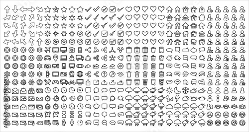 Mega set of icons in trendy line style. Arrow, Business, bubble chat, Check mark, device gadget, home, love, mail, user, setting and weather. Big set Icons collection. Vector illustration