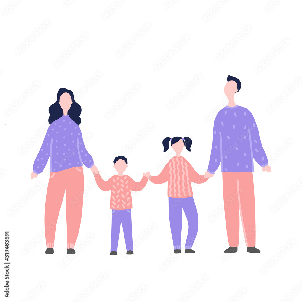 Obraz premium Modern flat vector illustration with happy family. Parents with children standing and holding by hand. Concept of family, family values, support and connections in families