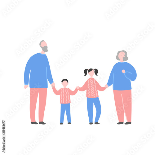Modern flat vector illustration with family. Grandfather, grandmother, granddaughter and grandson holding by hand. Concept of family, family values, support and connections in families