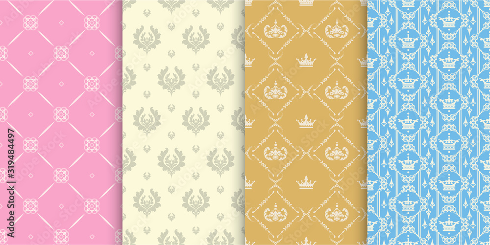 Seamless patterns. Set of 4 backgrounds. Decorative patterns in retro style. Colors in the image: gold, pink, blue. Vintage patterns, vector. Seamless patterns. Set of 4 backgrounds. Decorative patterns in retro style. Colors in the image: gold, pink, blue. Vintage patterns, vector.
