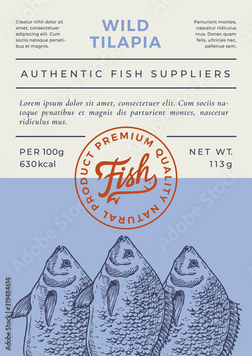 River Fish Abstract Vector Packaging Design or Label. Modern Typography Banner, Hand Drawn Tilapia Silhouette with Lettering Logo Stamp. Color Paper Background Layout.