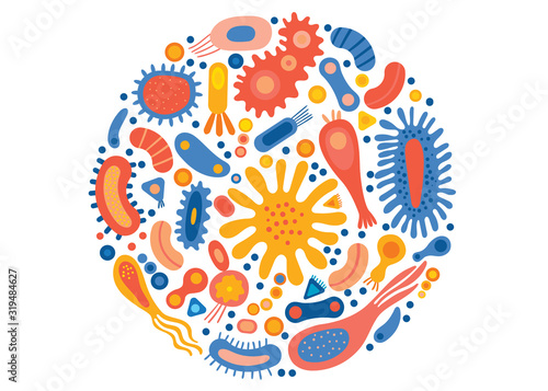 Bacterial set in a circle with different types of microorganisms.Abstract collection of shapes microscopic viruses, bacterias, microbes, protists. Colored flat vector illustration 