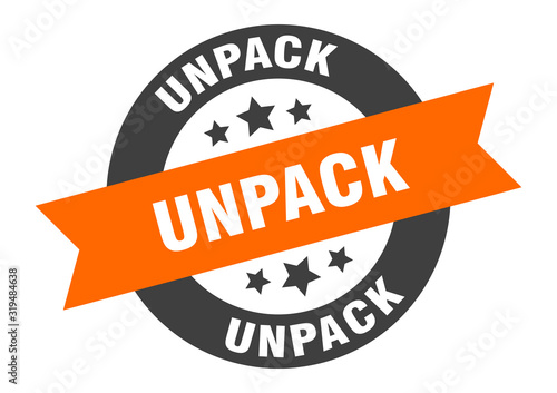 unpack sign. unpack round ribbon sticker. unpack tag