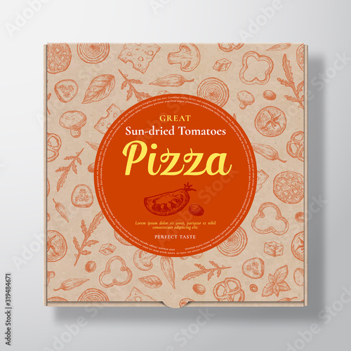 Sun Dried Tomato Pizza Realistic Cardboard Box. Abstract Vector Packaging Design or Label. Modern Typography, Sketch Seamless Pattern of Mushrooms, Cheese, Sausages. Craft Paper Background Layout.