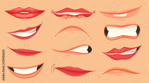 Cartoon cute mouth expressions facial gestures set with pouting lips smiling sticking out tongue isolated vector illustration.