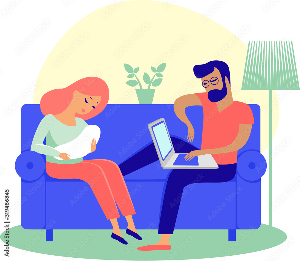 Family at home man working woman nursing newborn baby Family at home man working woman nursing newborn baby
